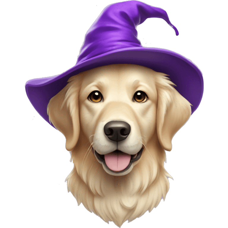 Cream color Golden retriever wearing a purple wizard hat emoji