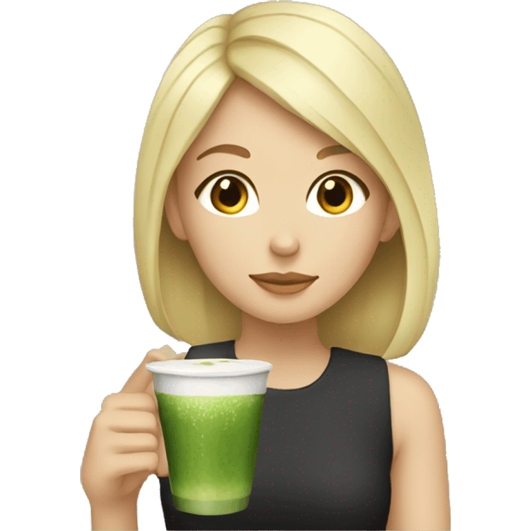 girl with blonde hair drinking matcha emoji