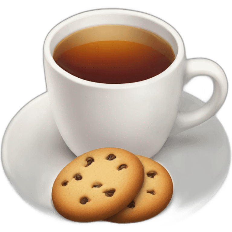 white cup of tea with a cookie emoji