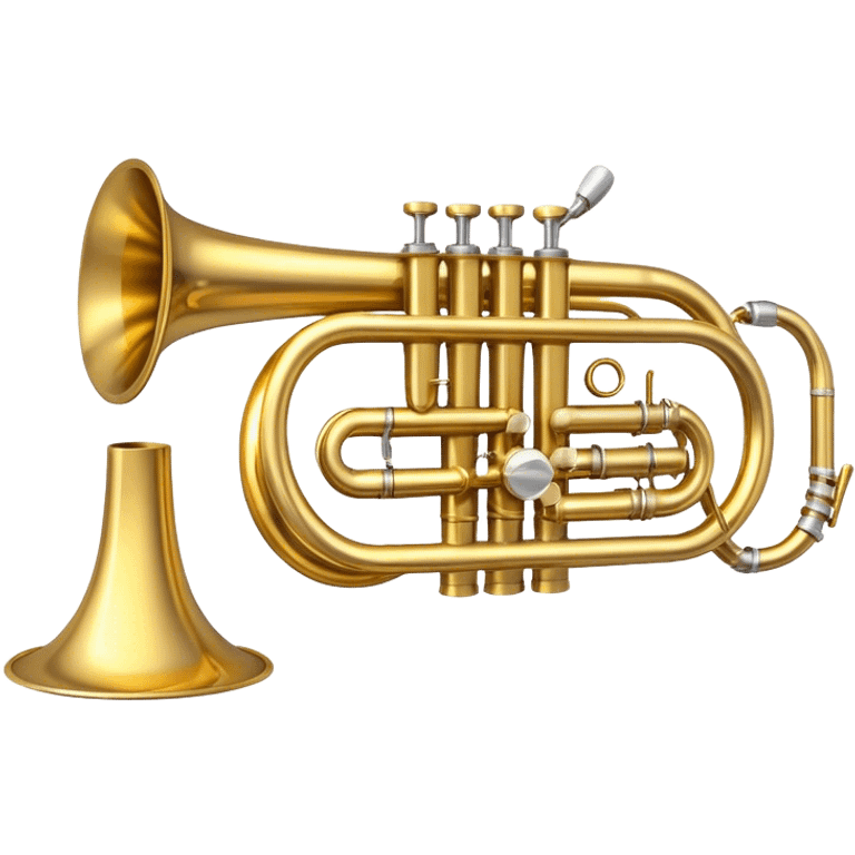 Create a sleek and polished emoji representing the Brahner trumpet. The design should feature the shiny brass body of the trumpet, with its distinct bell shape and coiled tubing. Highlight the three smooth, finger-operated valves, and the mouthpiece at the top of the instrument. The finish of the trumpet should be a rich, golden brass tone with subtle reflections, giving it a polished and professional appearance. Add musical notes or soundwaves around the bell of the trumpet to evoke its bold and brassy sound. Use golden, brass, and silver tones to emphasize the vibrant, high-quality design of the trumpet. The background should be transparent. emoji