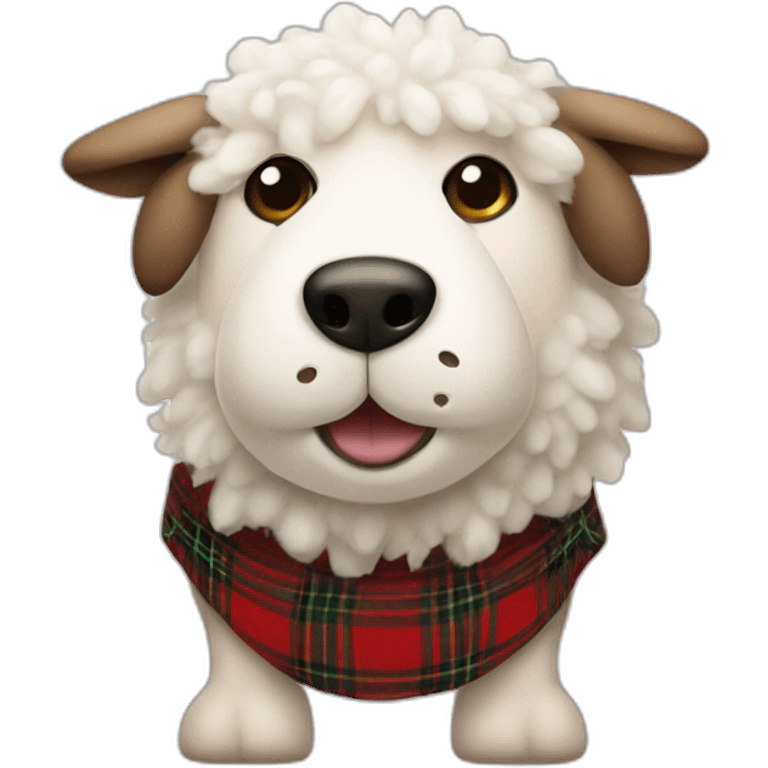 A plush sheep dog with tartan ears and belly button. Its head is oval emoji