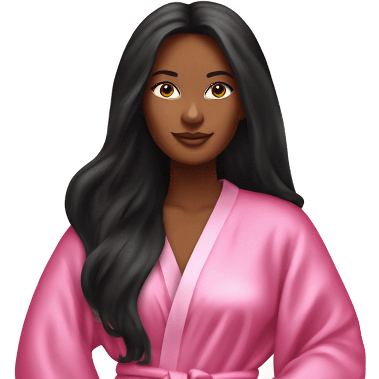 Tanned woman with long black hair wearing a silk pink Victoria’s Secret robe emoji