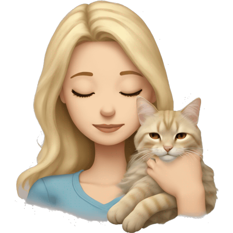 Pretty blonde girl sleeping with her beige main coon cat emoji