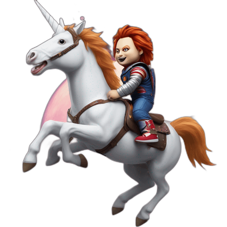 Chucky on a unicorn flying to the moon emoji