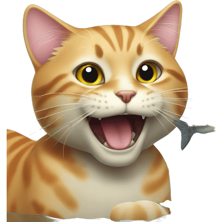 a cat happy to bite a fish emoji