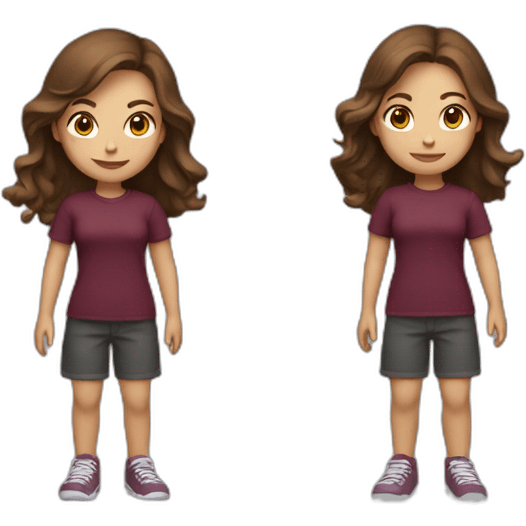 girl with shoulder-length brown hair with a phone in her hand in a burgundy T-shirt emoji