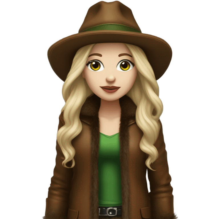 Realistic White girl with Long straight blonde hair, green eyes, tattoos, full body wearing Brown fur coat and fur hat and Brown leather boots emoji