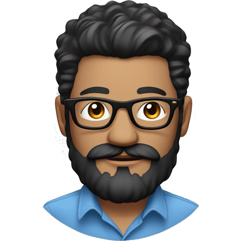  emoji of light skin man, black hair. blue button up shirt, black glasses, beard and mustache. tattoo of rose on right arm and apple watch emoji