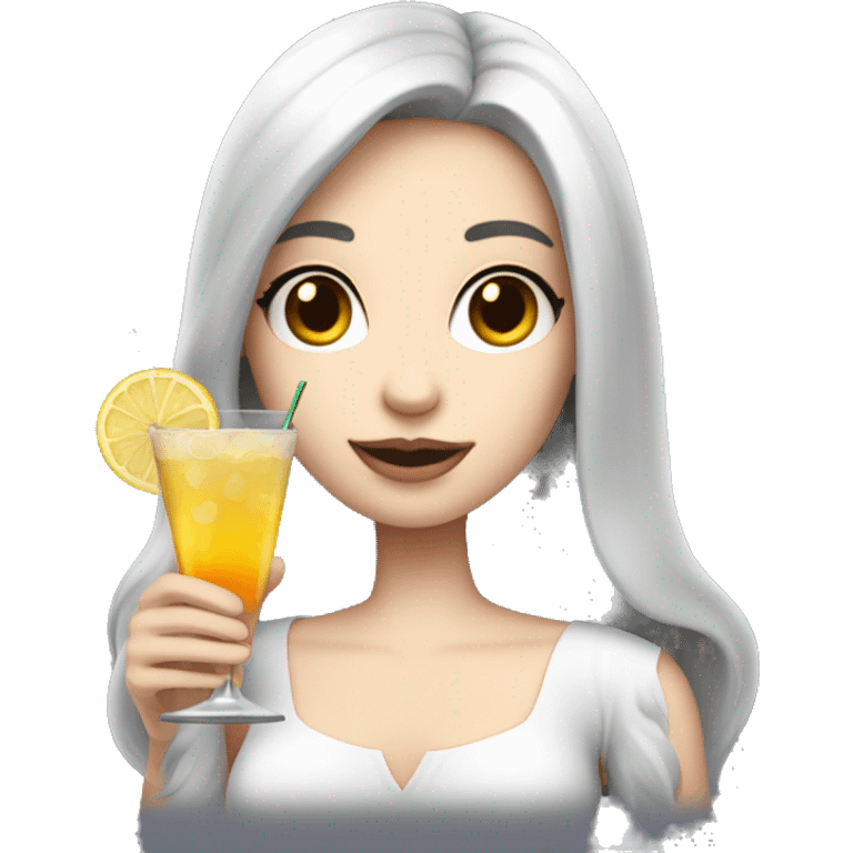 Pale girl with long black hair with chest holding cocktail emoji