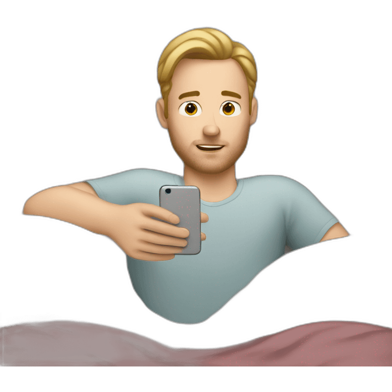 Man with fair skin using phone in bed emoji