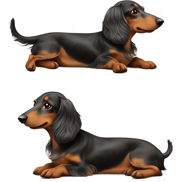 Laying On his back. Long haired dapple dachshund, tan, gray & black. Full body  emoji