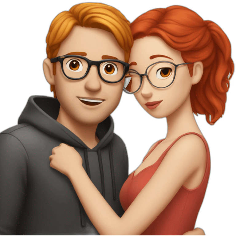 red head girl kissing a white man with black hair and round glasses  emoji