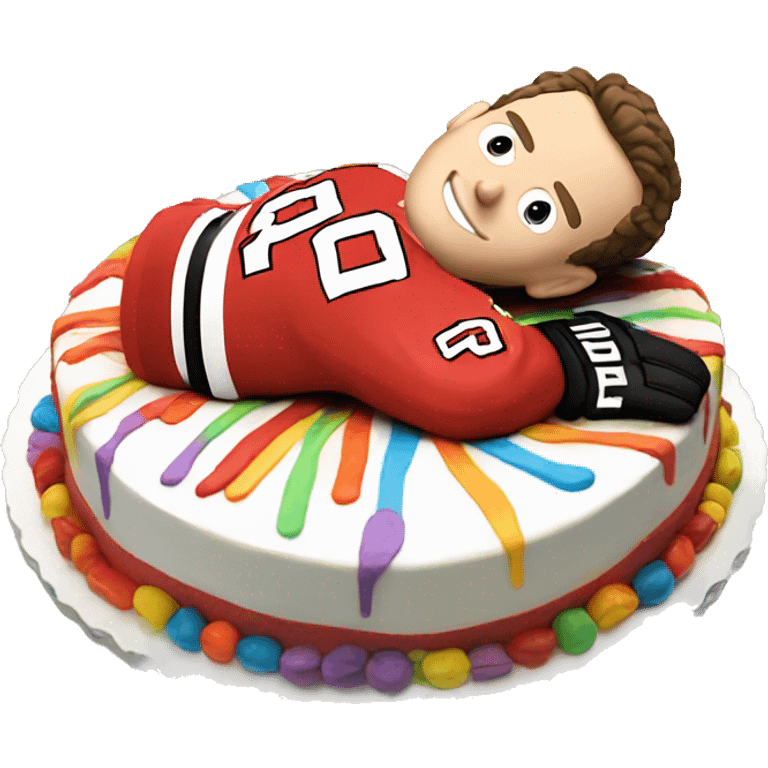 Jonathan Toews laying on a rainbow cake emoji