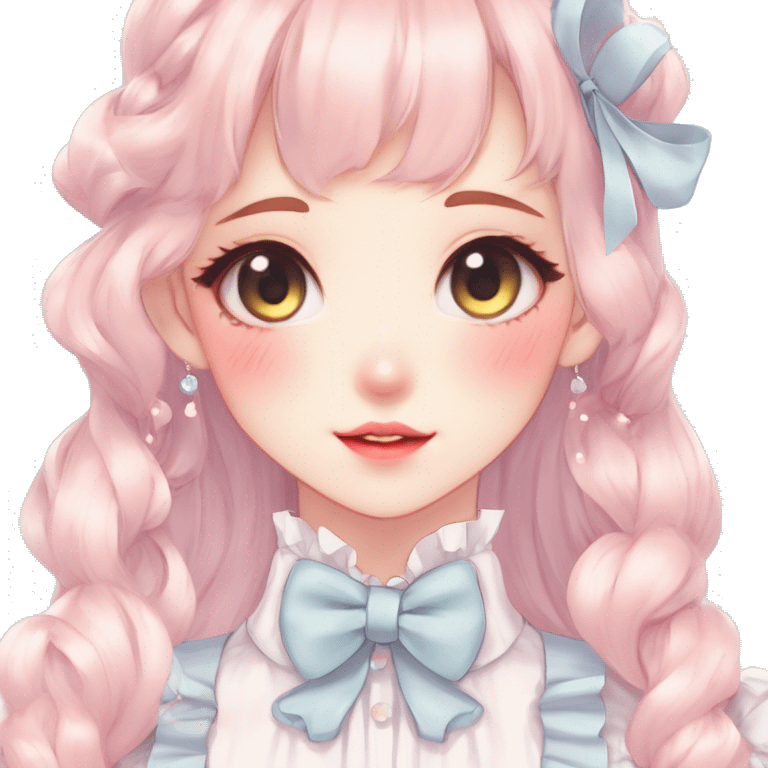 Gorgeous pastel anime style lady with blushing face and laces bow ties necklace cottagecore fairycore pastelcore colorful pearly romantic simplistic aesthetic trending style emoji