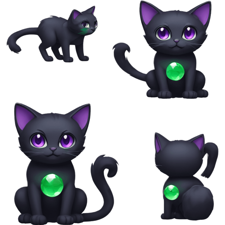 Black Dark-type-Fakémon-Cat Purple eyes, green gem on chest, full body emoji