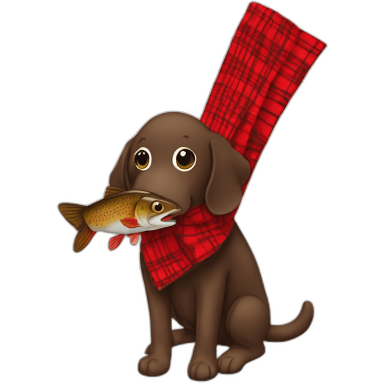 Chocolate brown colored doodle with a red and black flannel hankerchief holding a plush trout fish chew toy emoji