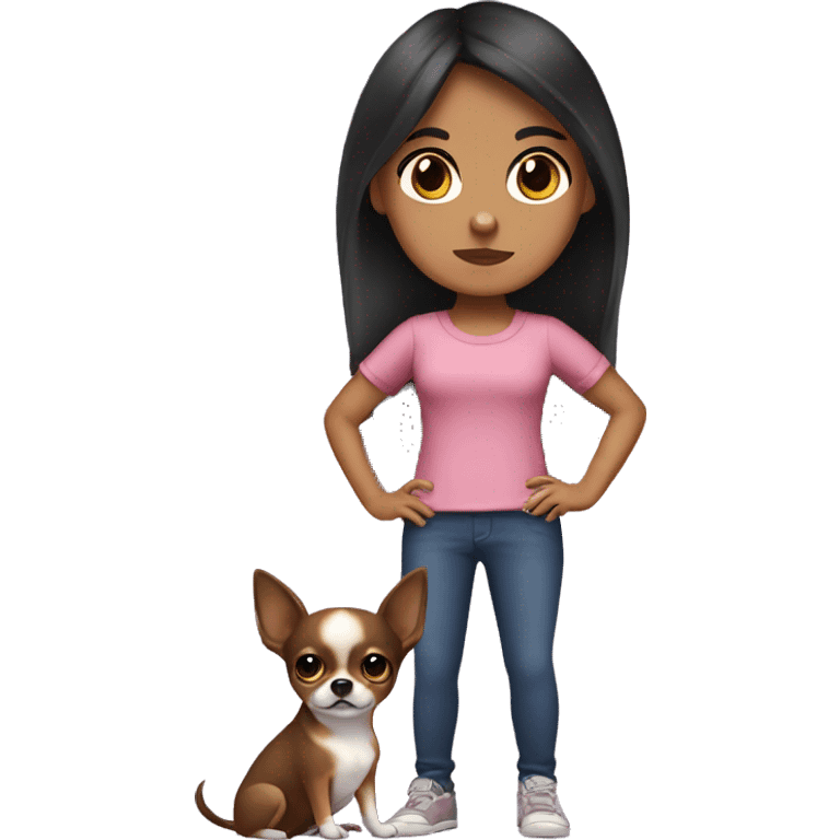 A girl with dark hair and dark eyes and a chihuahua in her arms emoji