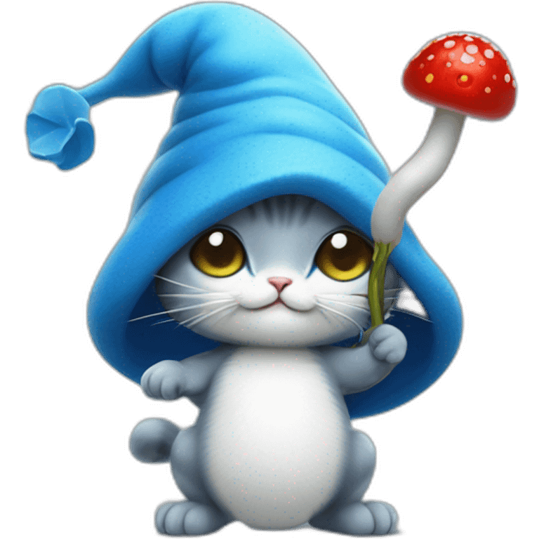 blue smurf cat with a white mushroom fungai hat also with berries on his back and a stick poking into the berries with a snail poked into it emoji