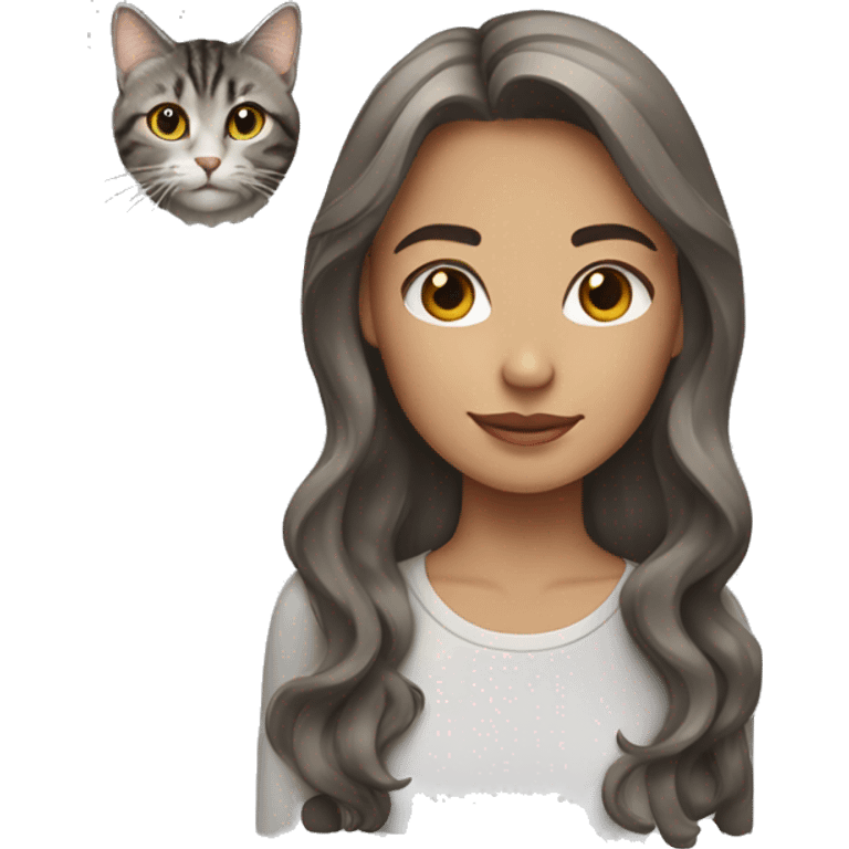 girl with brown wavy shoulder length hair with grey tabby cat emoji