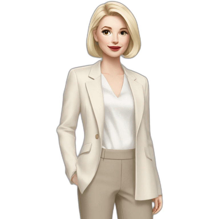 pale skin woman with ash blonde Straightened bob Hair, White Spacious classical jacket, beige palazzo Arrow pants and gray blouse holding a color palettes in the hands emoji