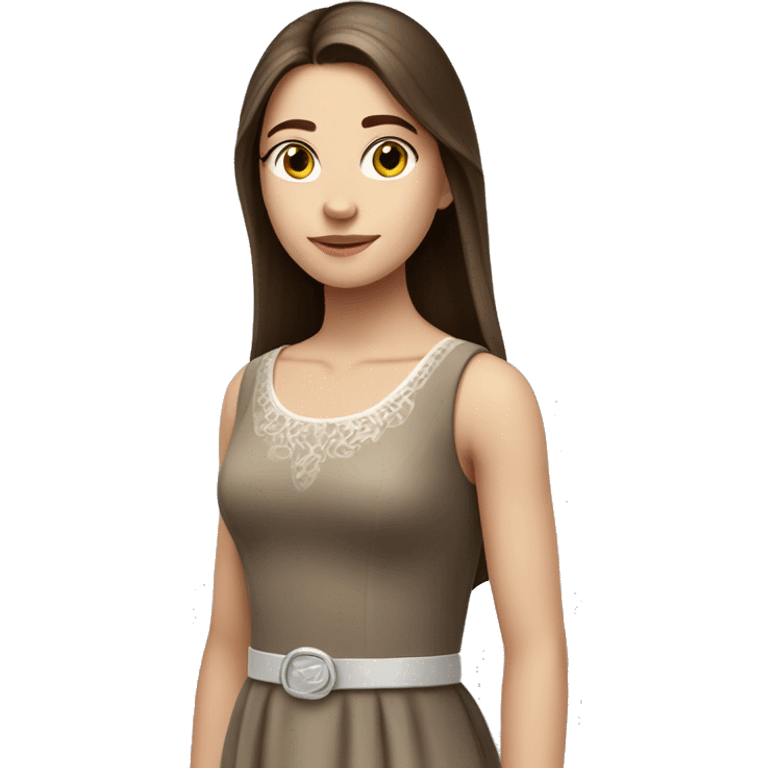 Beautiful teenage girl with white skin and long straight brown hair and brown eyes in a classic dress. emoji