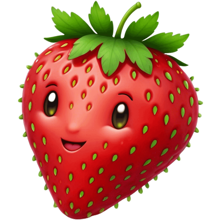 Cinematic Realistic Strawberry Emoji, Plump and juicy, with a deep red color and small, fresh seeds dotted across the skin. Its glossy, sweet surface catches the light, while bright green leaves top off the perfect, delicious berry. Soft glowing outline, capturing the essence of sweetness and freshness in a bright strawberry! emoji