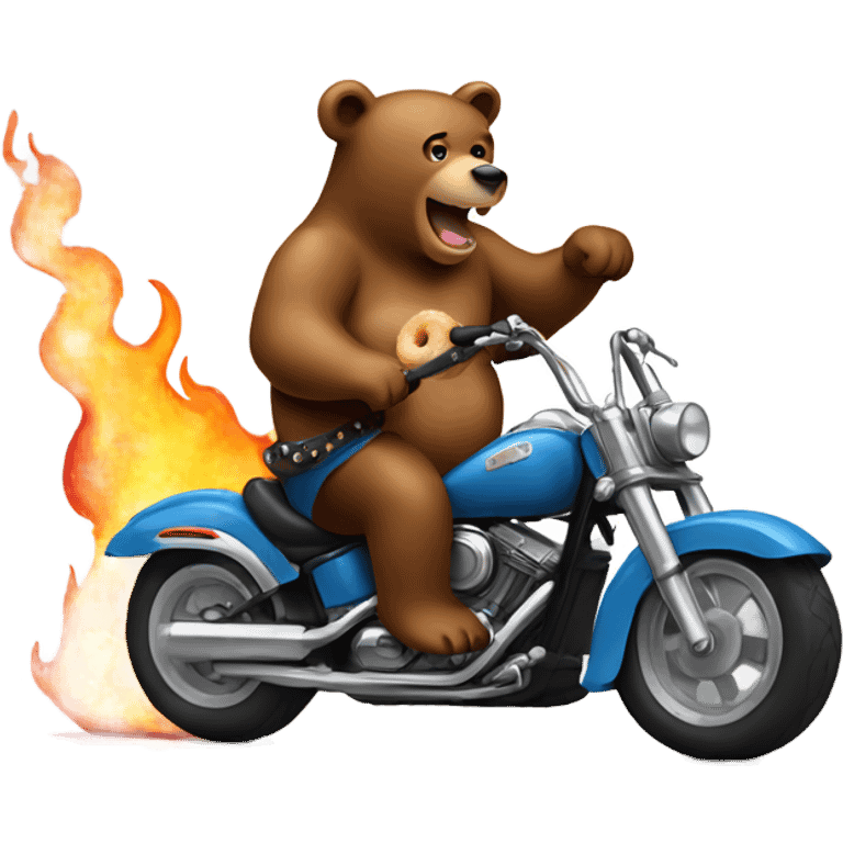 Bear eating a donut while riding on a flaming motorcycle and playing guitar emoji