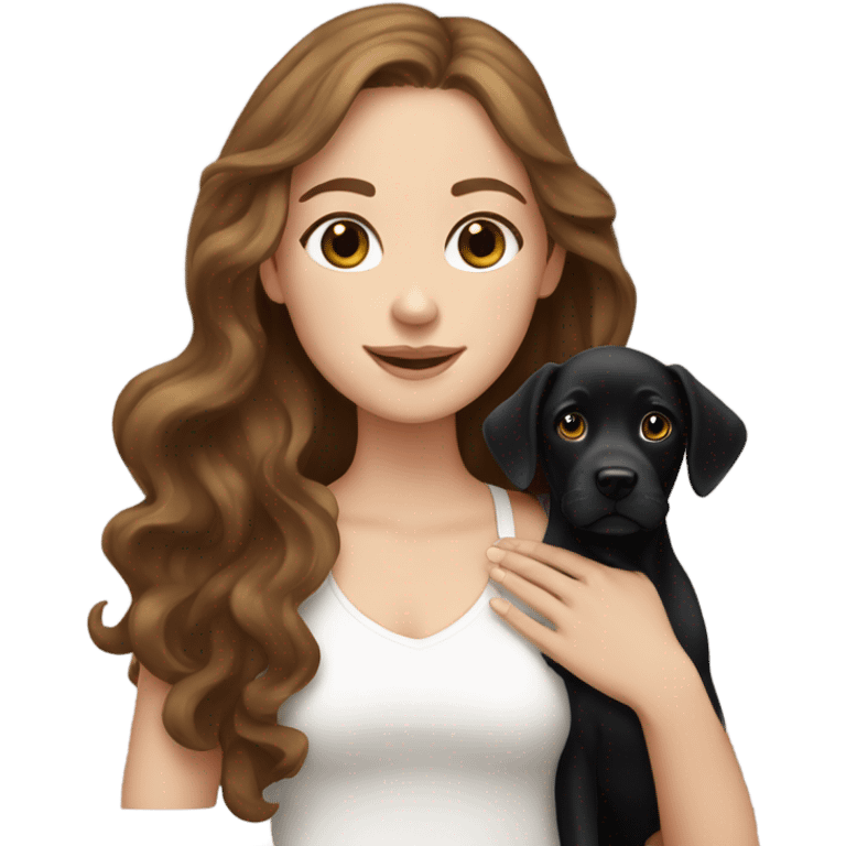 White girl with wavy brown hair holding a black Labrador emoji