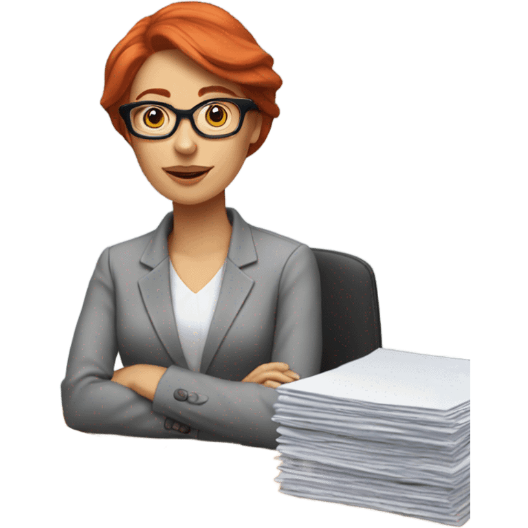 red hair woman wearing glasses desk monitor stack paper emoji