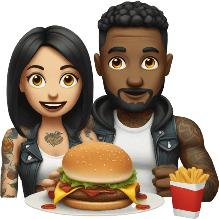 Beautiful tattooed couple eating burgers emoji