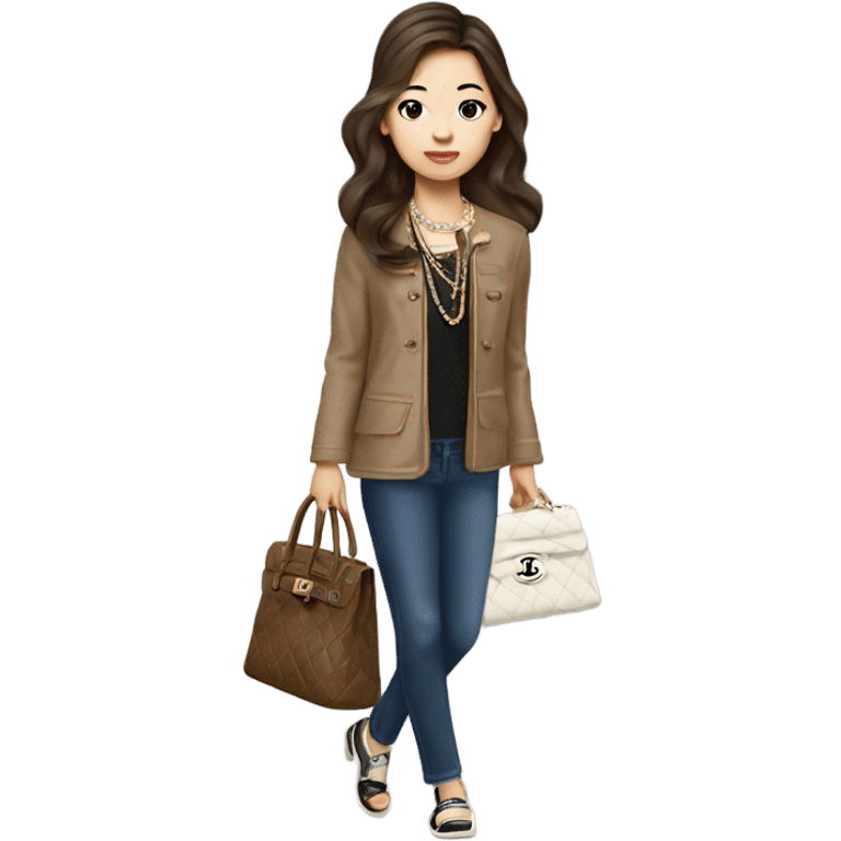 Realistic brown hair Chanel Asian Girl with Birkin bag and Chanel necklace emoji