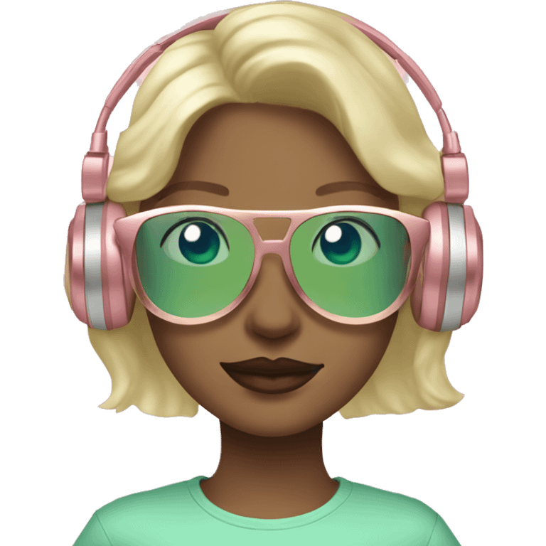 Girl with blonde hair, blue eyes, and pink lips with rose gold headphones on and light green translucent glasses on  emoji