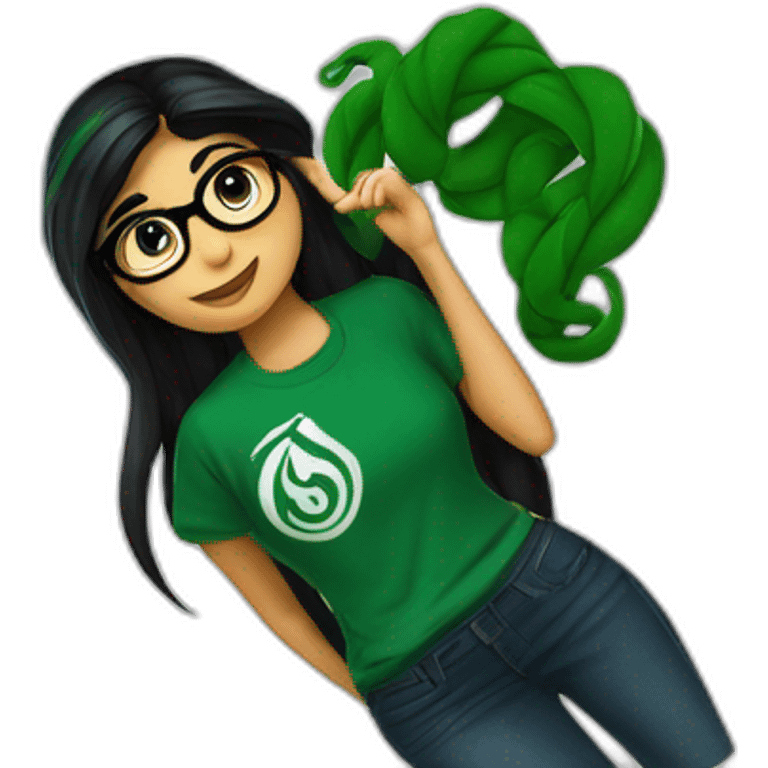 Mia Khalifa black braid white tshirt green sleeves slytherin logo emoji