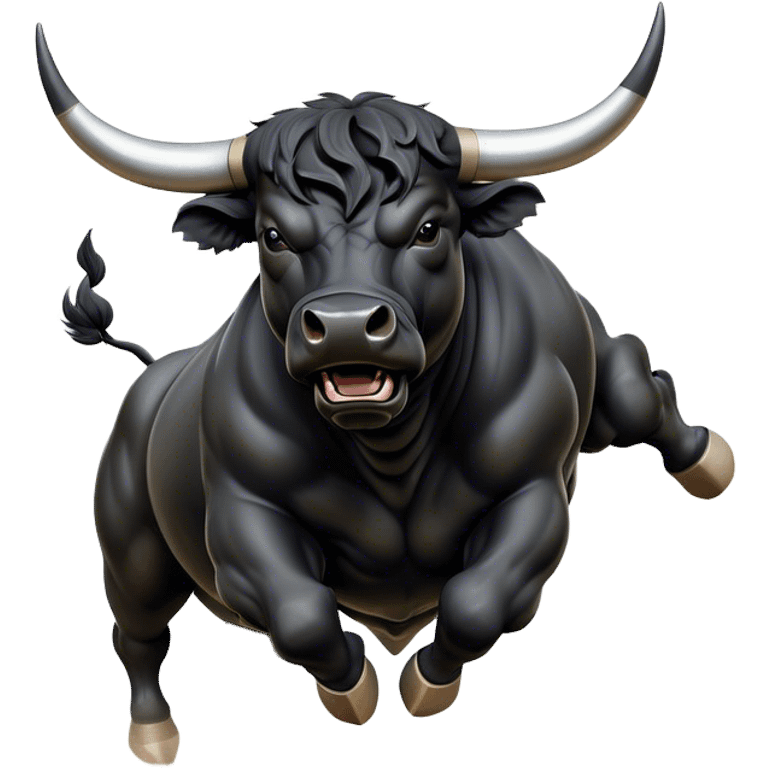 ​Cinematic Realistic Black Charging Bull, depicted in mid-charge with a powerful, muscular form and glossy black hide glistening under dynamic dramatic lighting, dust and motion captured mid-air to exude raw strength and unbridled energy on an expansive arena, emoji