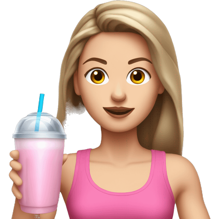 Brown straight haired white girl in pink croptop drinking protein shake emoji