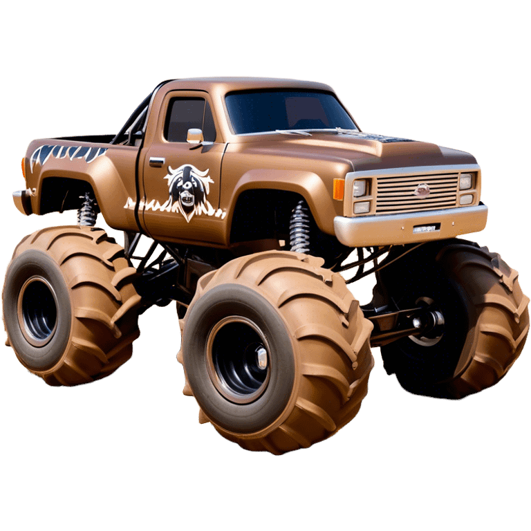 Monster Mutt - Monster Jam (Model Year: 2021) (Iconic colour: Brown with dog features) - A unique monster truck with playful, dog-inspired design cues. The vehicle is painted in warm brown tones and features subtle dog motifs (such as a stylized snout or ear shapes). It should blend the rugged power of a monster truck with quirky, endearing canine features. emoji