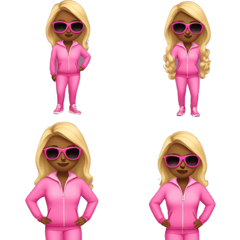 Blonde lady with pink track suit, shades, and a bag emoji