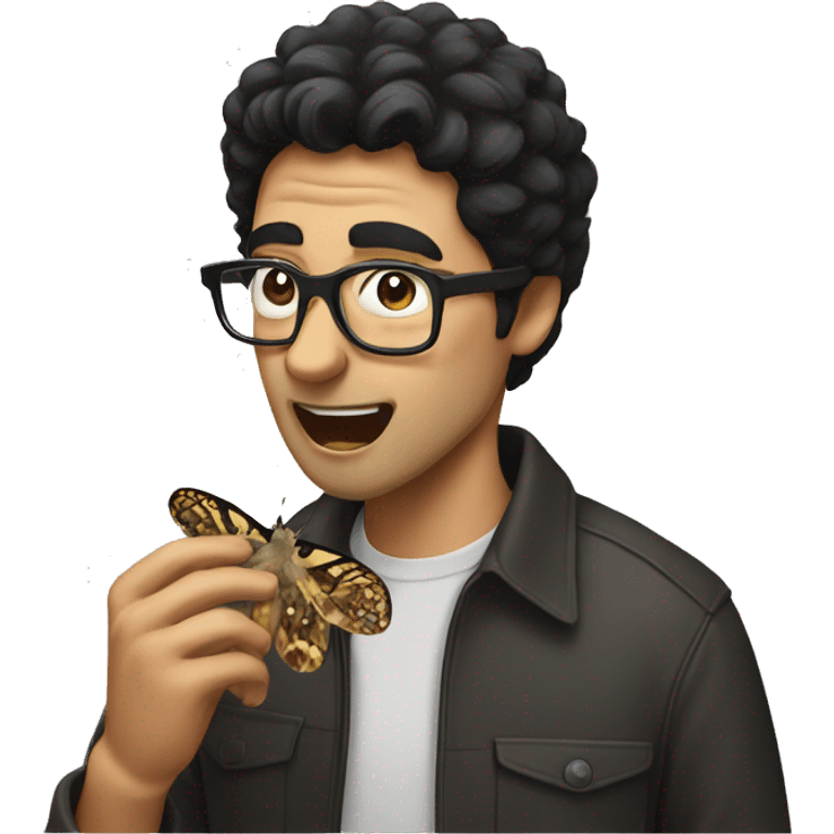 Man with black hair and glasses eating a moth emoji