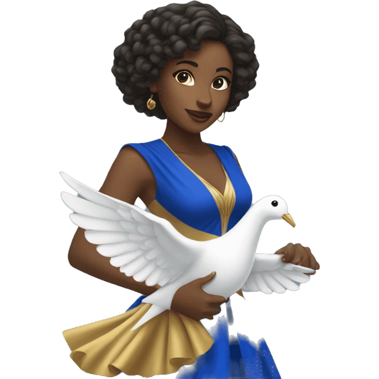 Young black woman wearing a royal blue and gold dress riding a white dove  emoji