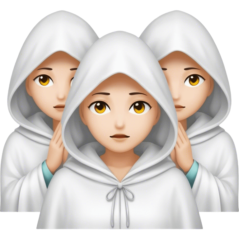 3 mysterious women in white hooded cloaks that cover their eyes emoji