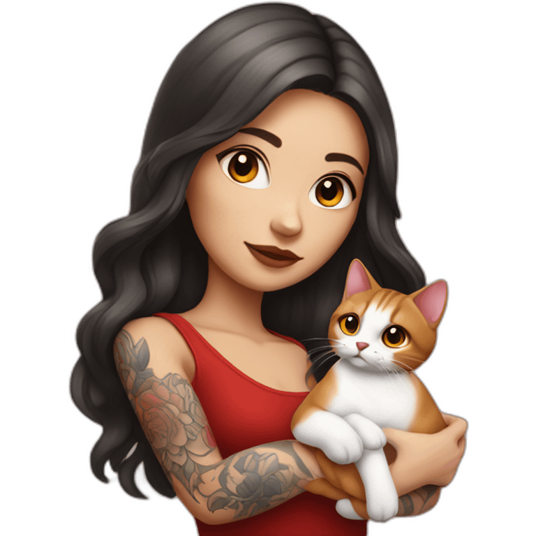 young tattooed woman with  brunette long hair holding a red and white cat in her hands emoji