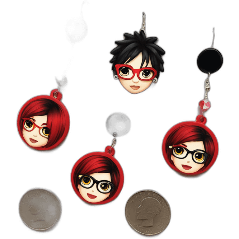 Punk female earrings glasses,red and black short hair, emoji