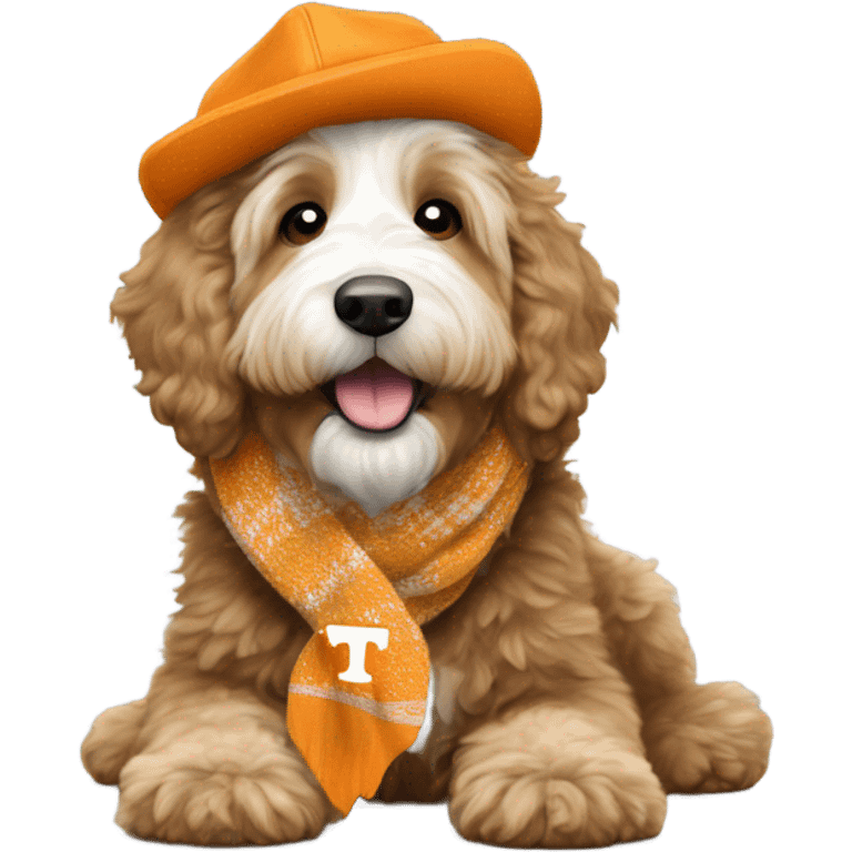 Bernedoodle with University of tennessee hat and scarf emoji