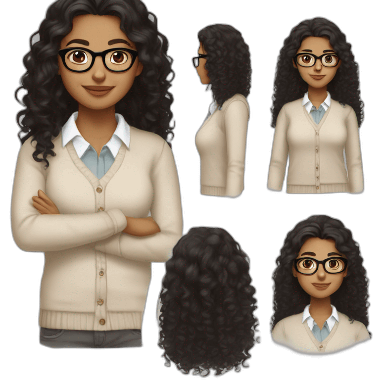 smiling dark skin indian teenage girl with black curly hair and glasses wearing a collared long sleeve white shirt under a beige v shaped collar sweatervest with no buttons emoji