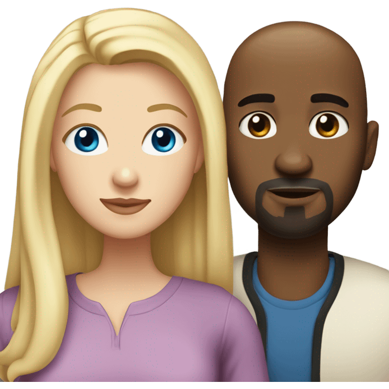 Blonde woman with blue eyes and long straight hair and black man who is bald with a goatee in love with each other  emoji