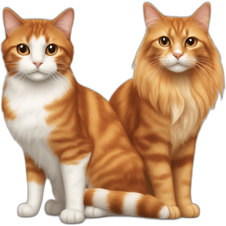 Long-haired, brown, white, and orange, calico cat next to an orange tabby cat emoji