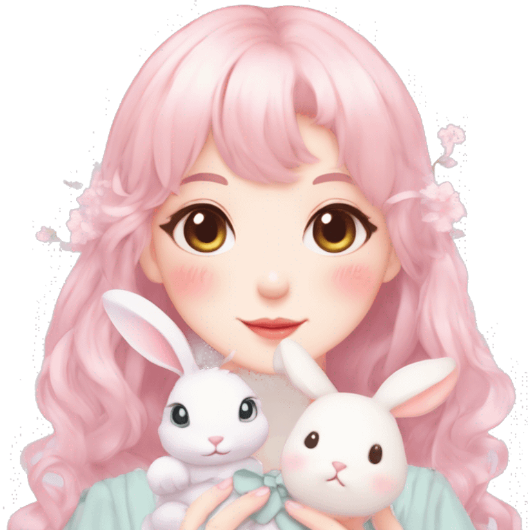 Gorgeous pastel anime style lady with blushing face and a bunny in her hands cottagecore fairycore pastelcore colorful pearly romantic simplistic aesthetic trending style emoji