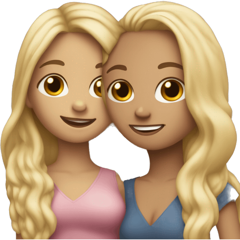 Two girlbestfriends brunette, blonde, wearing their hair down hugging emoji