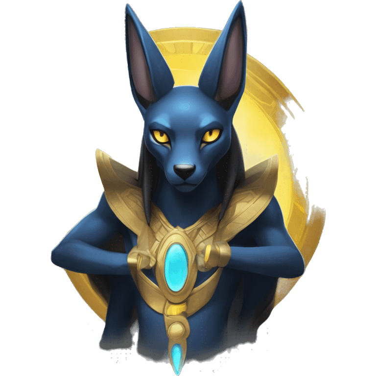 Black godly overpowered ethereal majestic Egyptian Lucario-Umbreon-Cat. Golden Anubis-Rings and yellow ring-markings. Full body emoji