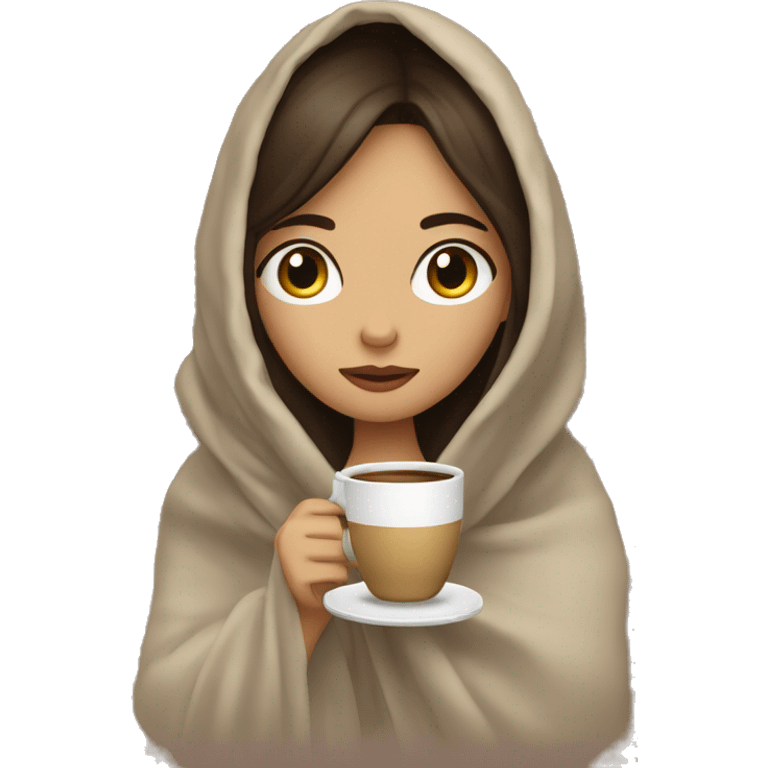 girl inside a blanket sipping coffee eyes closed, make her pale and with dark brown hair emoji